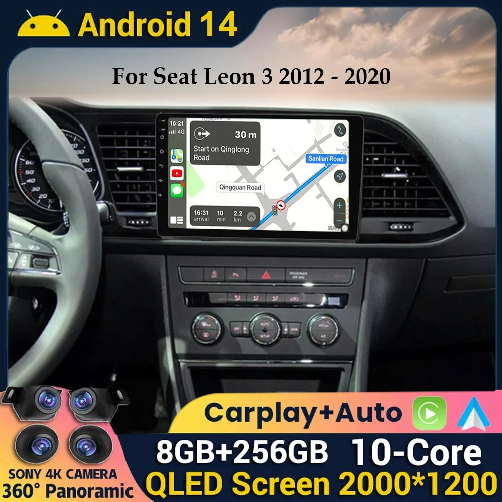 Android 14 WIFI+4G Carplay Auto For Seat Leon 3 MK3 2012-2020 Car Radio GPS Navigation Multimedia Video Player Stereo 360 Camera