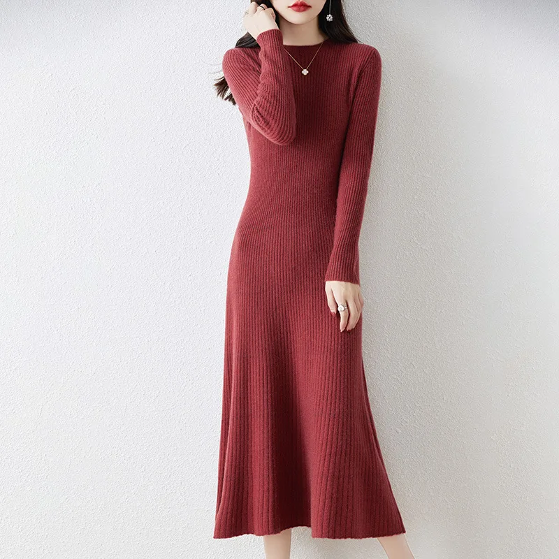 2023 Women's Fashion Autumn and Winter New Wool Long Waist Fishtail Over Knee Fit Knitted Fashion Wool Dress