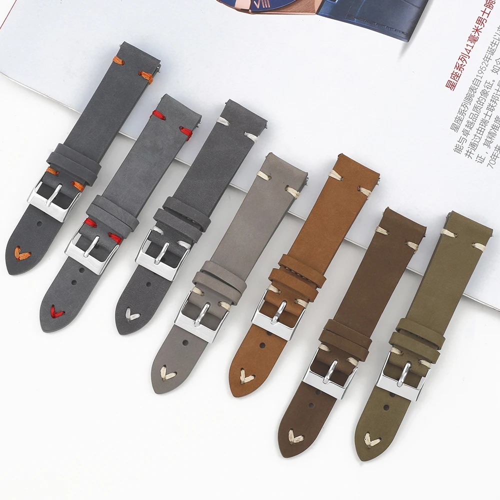 Vintage Leather Nubuck Watch Strap 16mm 17mm 18mm 19mm 20mm 21mm 23mm Handmade Stitching Wristband Quick Release Watch Bands