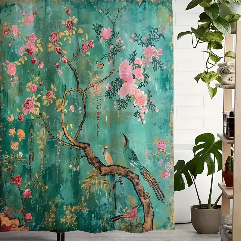 1pc Retro Theme Style Shower Curtain, with Flourishing Flowers, Branches and Birds Perched on the Branches, with a Classic Roman