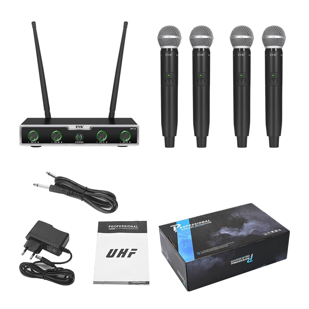 EYK EFU4 Portable Wireless Microphone System Professional 4 Channel UHF Dynamic Handheld Mic for Karaoke Party Church Stage Band