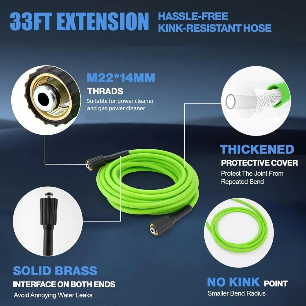 منظف عالي الطاقة مع خرطوم طاقة بطول 33 قدمًا، و4 فوهات ومدفع رغوي، للمنزل والسيارات والأسوار والفناء (أزرق)