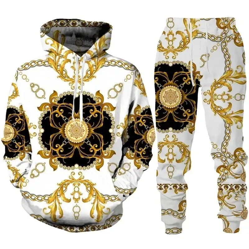 2024 Luxury Golden Print Men\'s Tracksuit Set 3D Casual Hoodie+Pants 2pcs Sets Oversized Sportswear Trousers Fashion Men Clothes