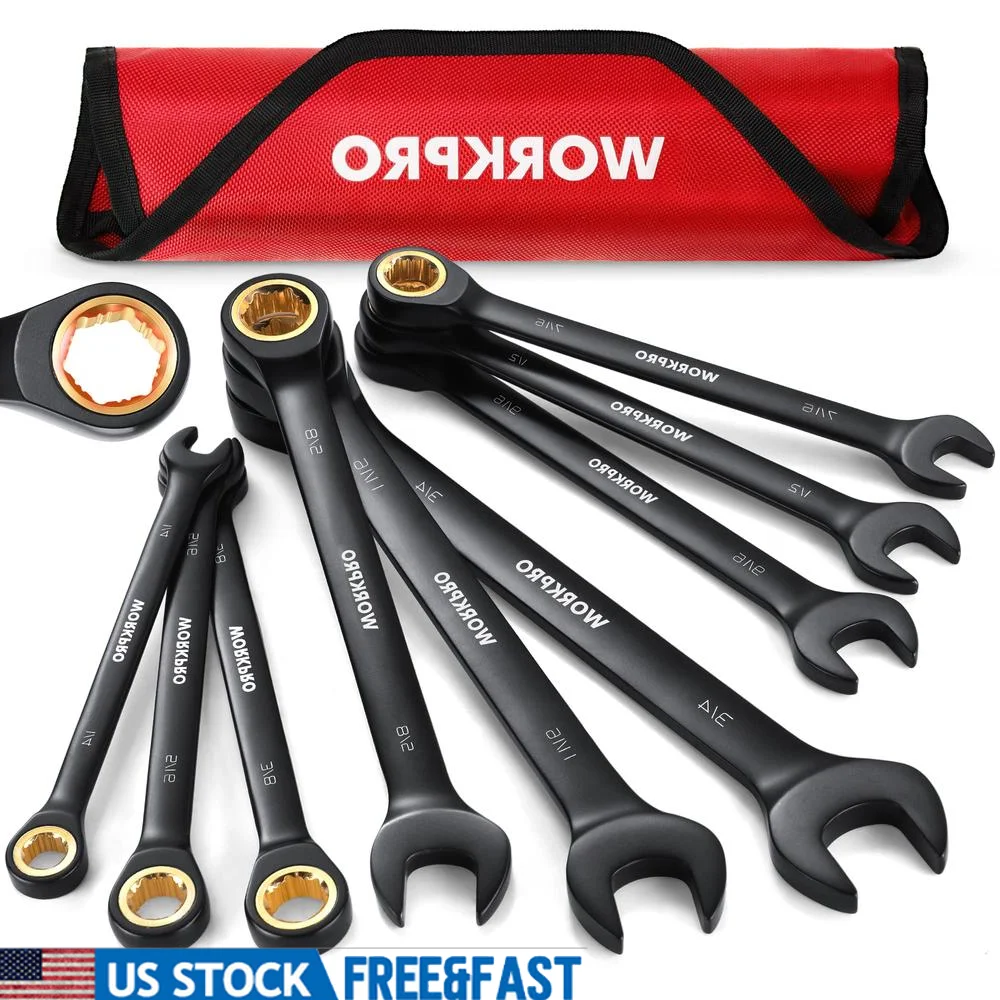 9-Piece 72-Teeth Cr-V Black Ratchet Wrench Set SAE 1/4