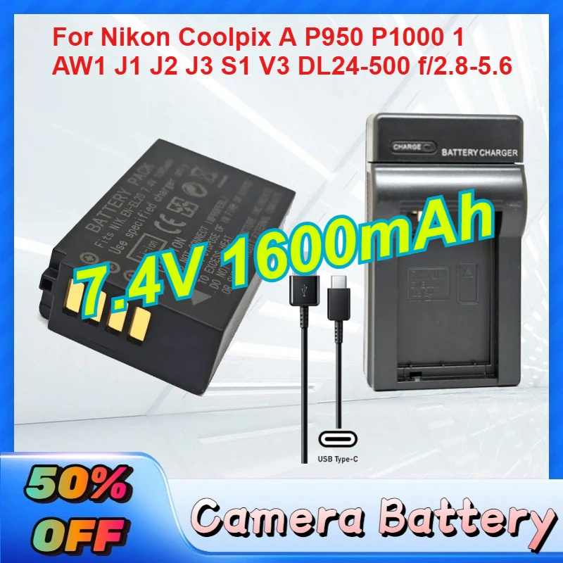 

Аккумулятор для камеры EN-EL20 ENEL20 7.4V 1600mAh для Nikon Coolpix A P950 P1000 1 AW1 J1 J2 J3 S1 V3 DL24-500 f/2.8-5.6