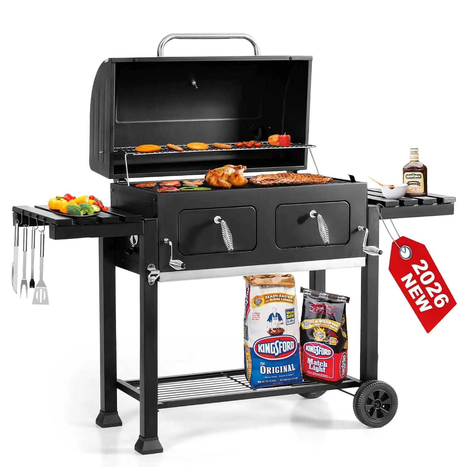 34-Inch Barrel Charcoal Grill with Side Tables for Outdoor Cooking BBQ, In Cooking Space, 2 Height-Adjustable Charcoal Pans