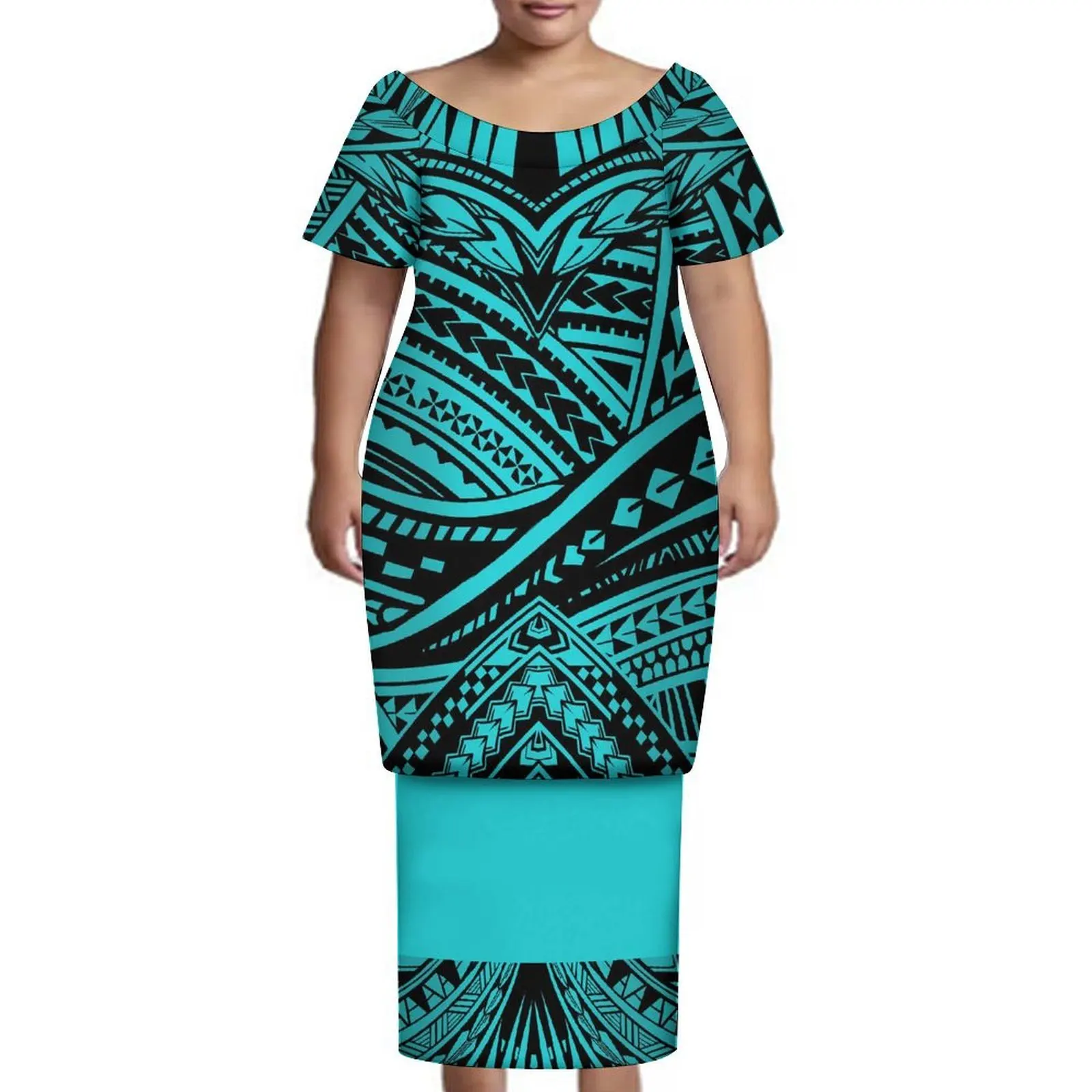 Hawaiian Island Style Women'S Round-Neck Puletasi Top And Long Dress Set Samoan Elegant Form-Fitting And Soft Dress