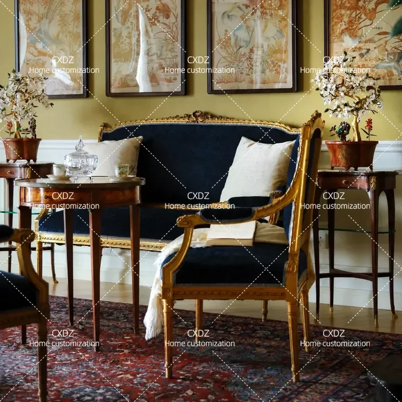 Neoclassical Solid Wood Sofa Hand Carved Fabric Single Double Armchair Retro Vintage Leisure Living Room Furniture