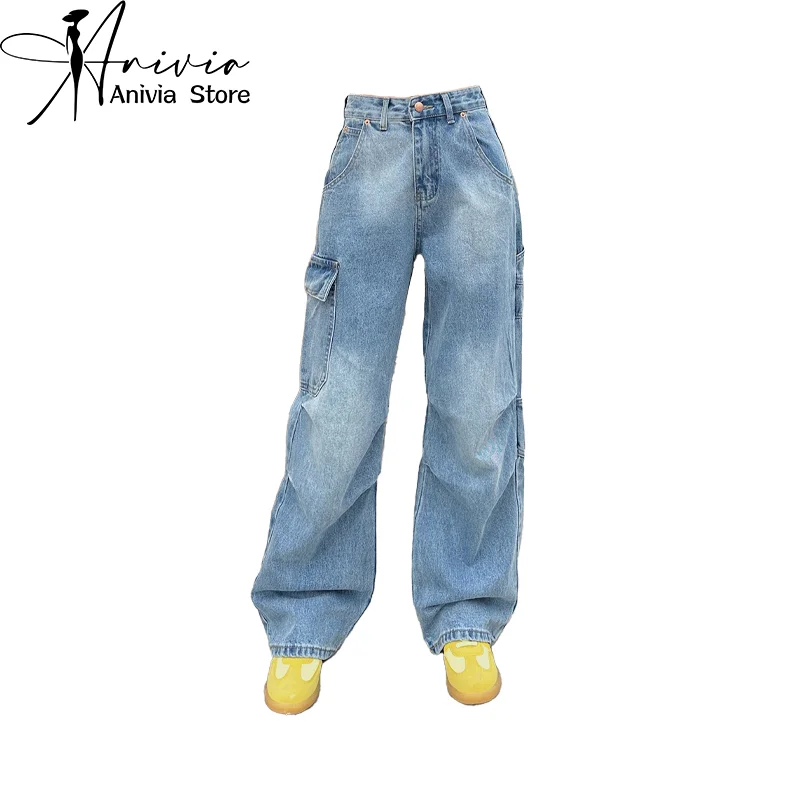 

Women Blue Cargo Jeans Baggy Vintage High Waist Cowboy Pants Harajuku Loose Straight Denim Trousers 90s Y2k Trashy 2000s Clothes