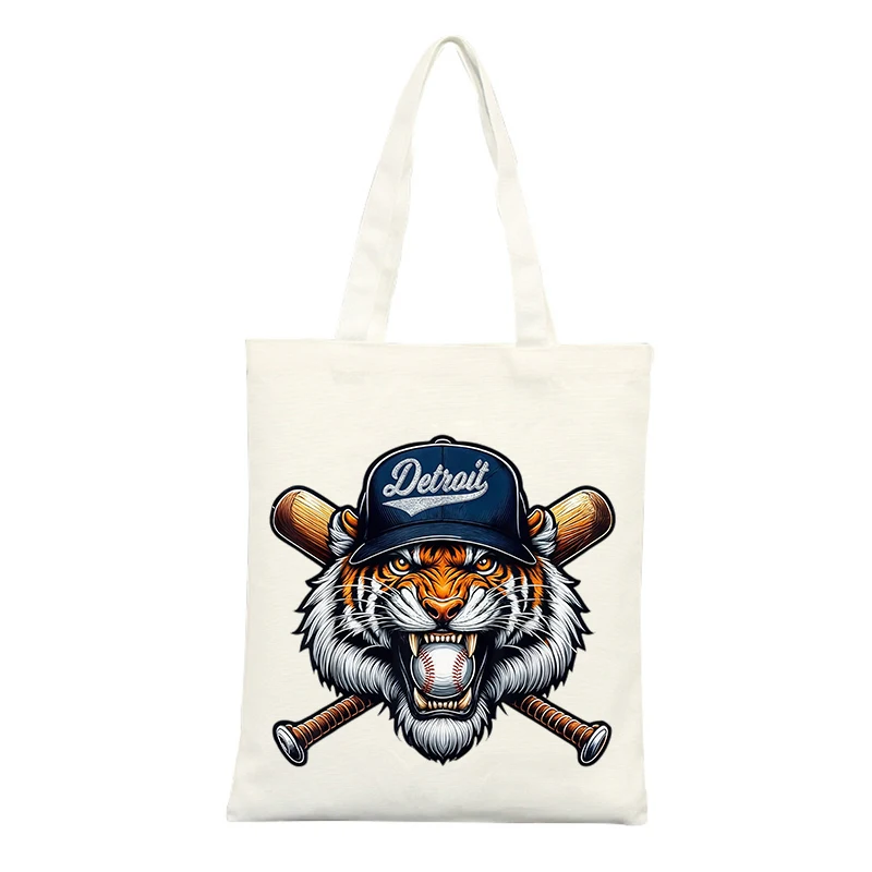 Unisex Canvas Tote Bag with Tiger Graphic and Baseball Elements, Casual Style for Daily Shopping and Outdoor Outings