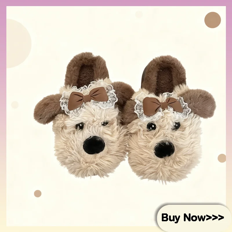 

Женские меховые тапочки с милым рисунком собаки, осенне-зимний новый стиль, домашняя уличная одежда, удобные хлопковые тапочки на толстой плюшевой подошве