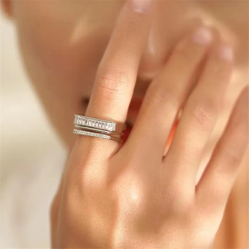 Elegant Multi-Layer Square Micro-Set Zircon Ring Luxury Versatile Minimalist Personality Trendy Ring Fashion Jewelry Accessory