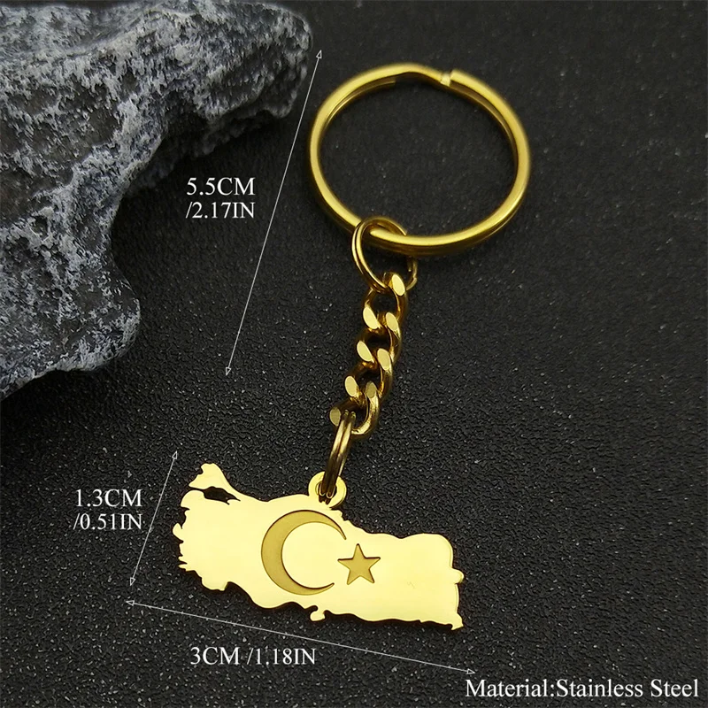Ethnic Turkey Map Flag Keyring For Men Women Stainless Steel Gold Silver Color Turkish Country Map Moon Star Keyholder Jewelry G view 6