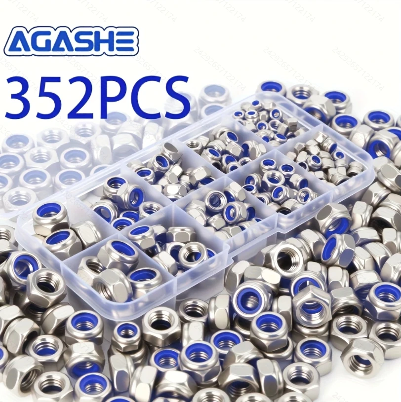 352 pcs Grade A Stainless Steel M3-M8 Nut Sets with Nylon Anti-Loosening Parts, Right-Tooth Anti-Loosening Design, Transparent S