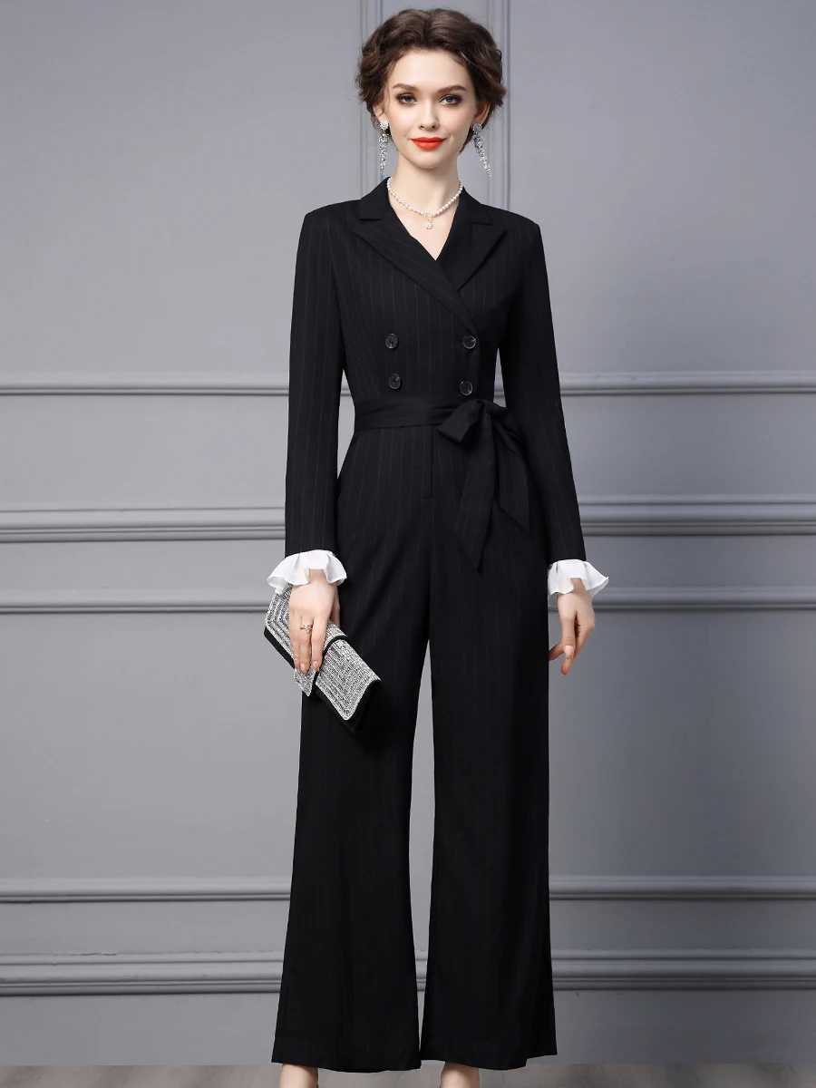 Gedivoen Fashion Runway dress Summer Women's Turn-over Collar Long Sleeve Button Lace-up Black Casual Party Jumpsuit