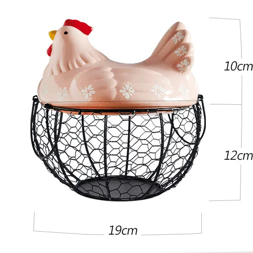 Creative Ceramic Hen Shaped Egg Fruit Iron Basket Garlic Potato Sundries Kitchen Storage Iron Basket