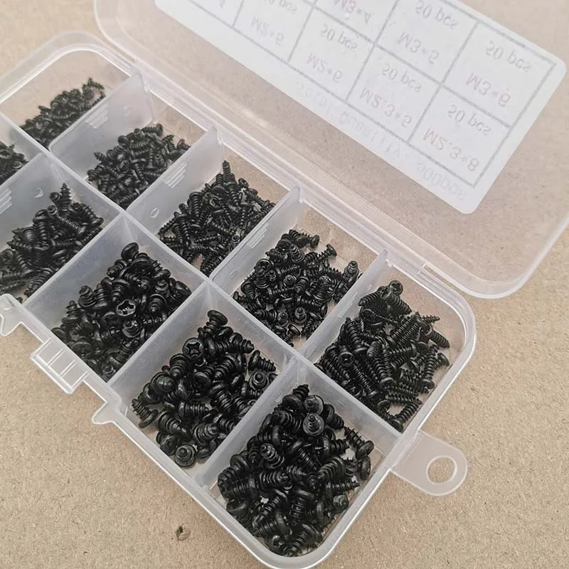 500pcs M2 M2.3 M2.6 M3 PA Phillips Black Screws Pan Round Head Self-tapping Electronic Laptop Screw Small Wood Screws Kit