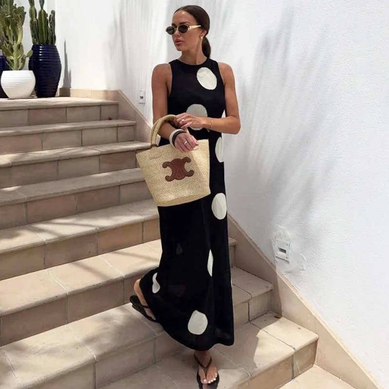 

Tornova 2025 Polka Dot Knitted Maxi Dress Female Sleeveless Bohemian Beach Perspective Long Dress Straight Tank Dress Summer New