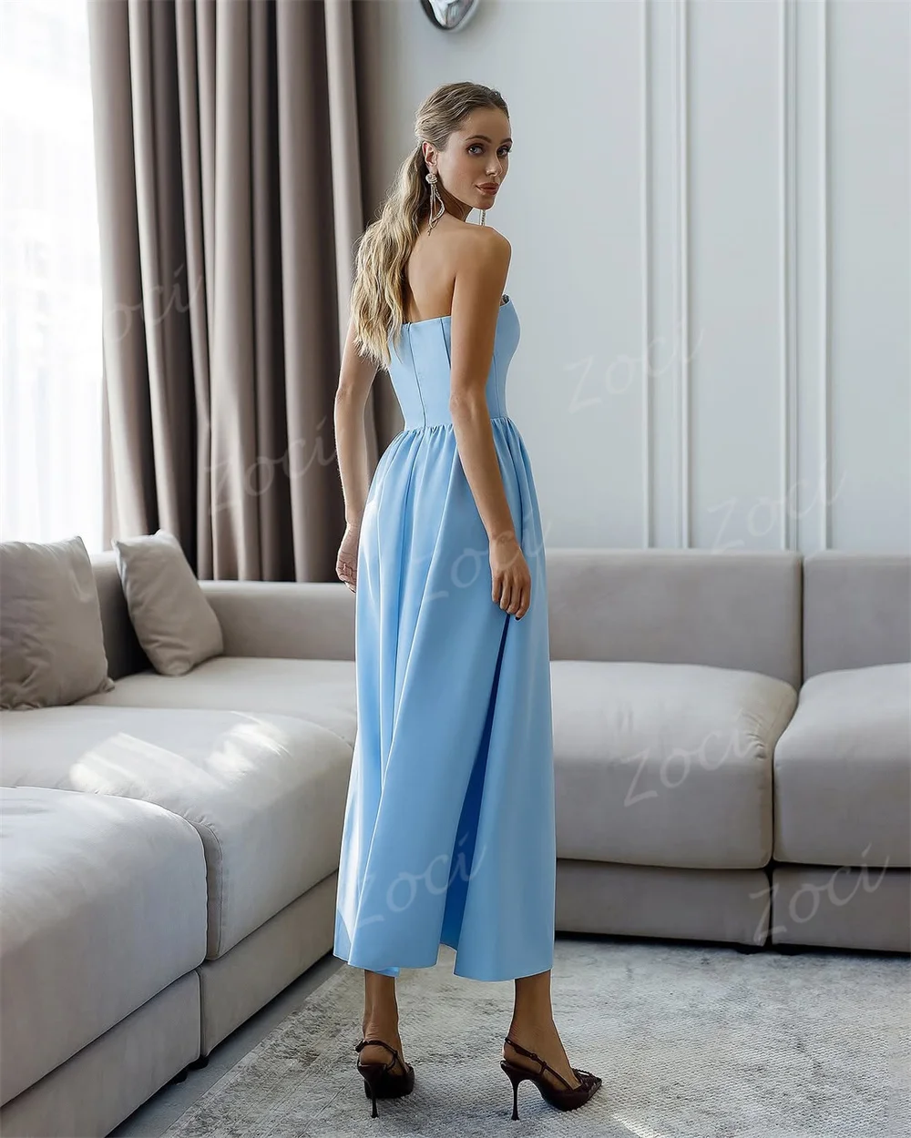 Zoci Strapless Elegant Blue Wedding Party Prom Dresses Customized Sleeveless A Line Evening Dress Ankle Occasion Party Gown