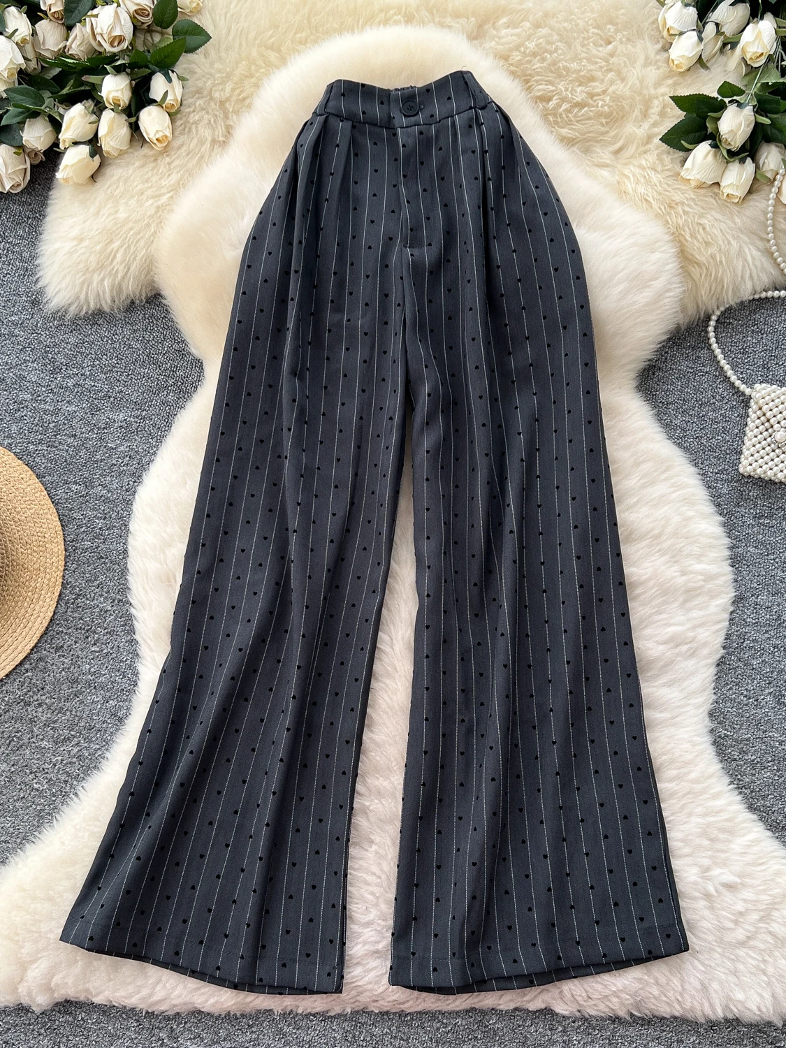 بنطلون واسع الساق للنساء بطباعة قلوب وخصر مرتفع، تصميم بسيط وعصري، بنطلون كاجوال أنيق للسيدات لفصل الخريف