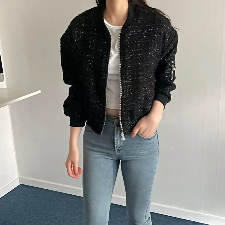 

Women's ort Jaet Korean Sle Chic Design Coarse Tweed Small Fraance Sle Retro Zipper Long Sve Top