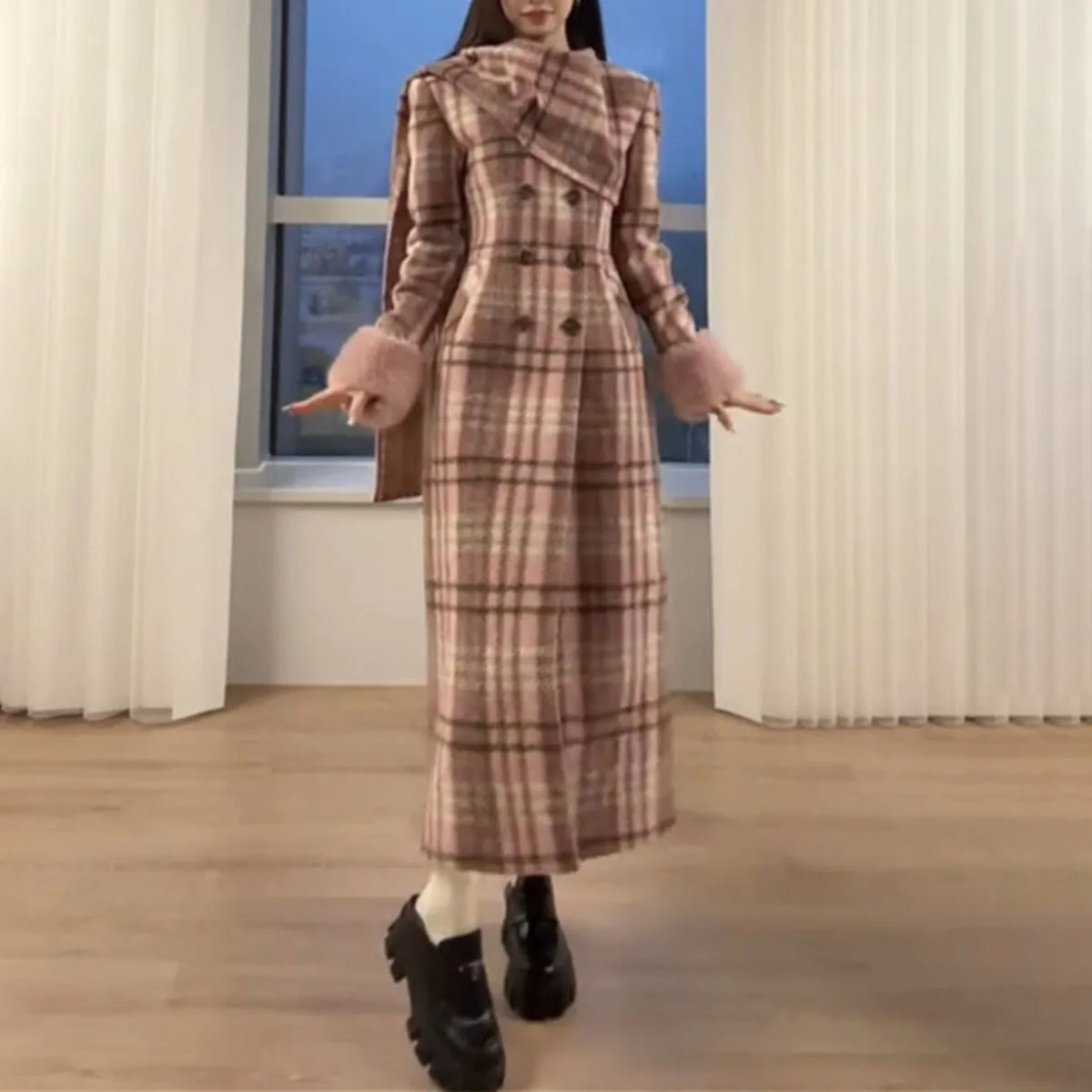 KWTX 2025 معطف نسائي جديد 100% صوف مزدوج الصدر منقوش كولوربلوك الخصر مقصوص الفراء تقليم سميكة الشتاء أنيقة عادية #5