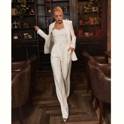 Elegant White Suit for Women Single Breasted Notch Lapel 2 Piece Jacket Pants Female Clothing Slim Fit Office Lady Blazer Set