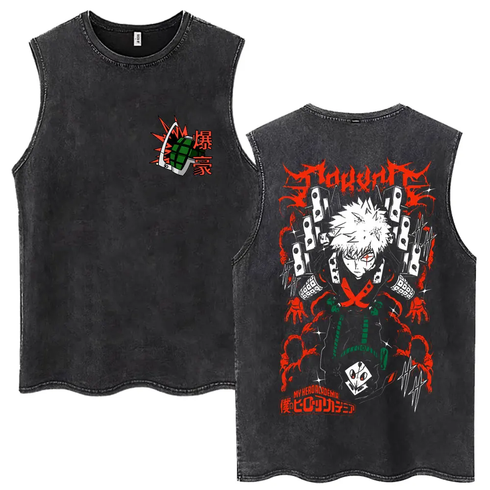 Washed Japan Anime My Hero Academia Tank Tops Cartoon Bakugou Katsuki Graphic Sleeveless T Shirts Men Women Manga Cotton Vests