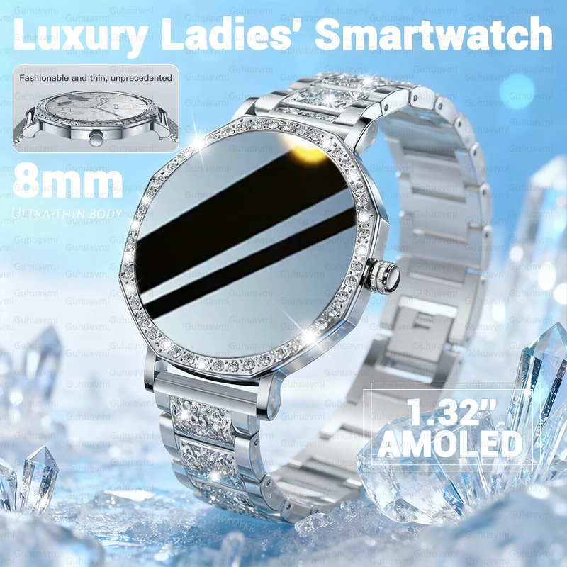 

2026 New Luxury Diamond Smart Watch For Women 8mm Ultra Thin Body Bluetooth Call Heart Rate IP68 Waterproof Smartwatch Rose Gold