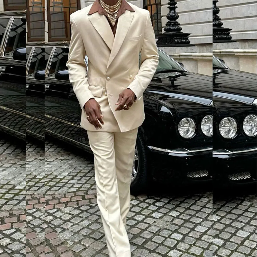 Fashion Solid Color Men's Suits Elegant Double Breasted Peak Lapel Slim Fit 2 Piece Jacket Pants Full Sets Customized Made Terno