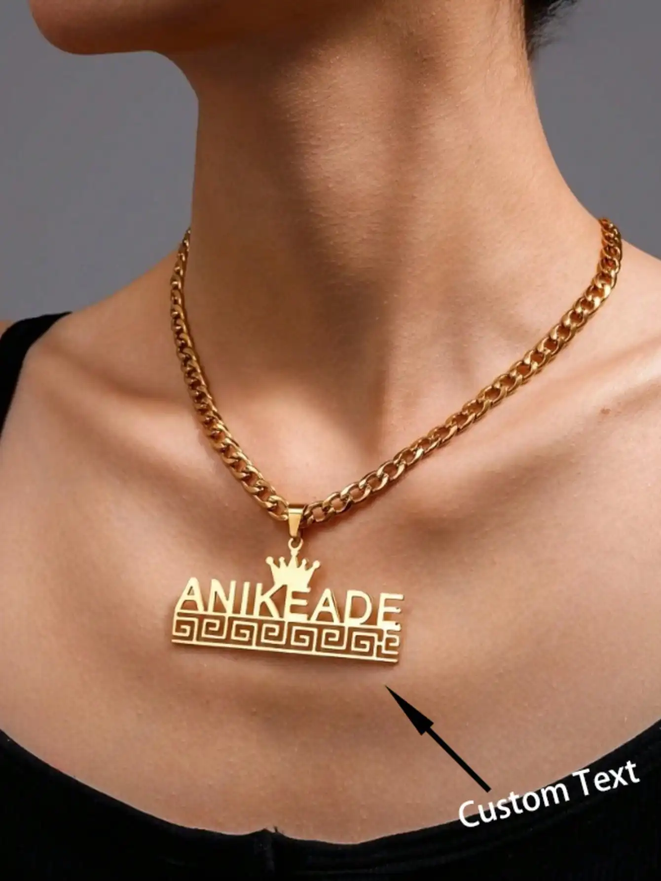 Personalized name necklace, custom Cuban chain and Crown design with rectangular frame and 304 stainless steel bead chain