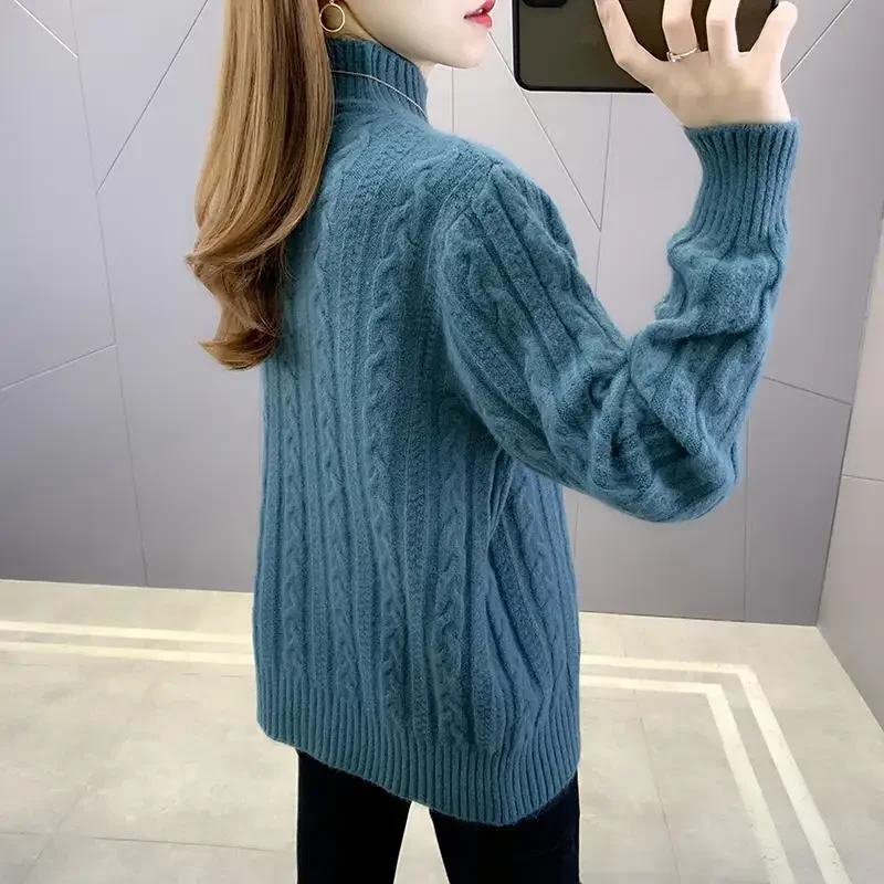 2023 New Women's Clothing Knitted Half High Collar Long Sleeve Thick Loose Commuter Casual Solid Color Sweaters Jumpers