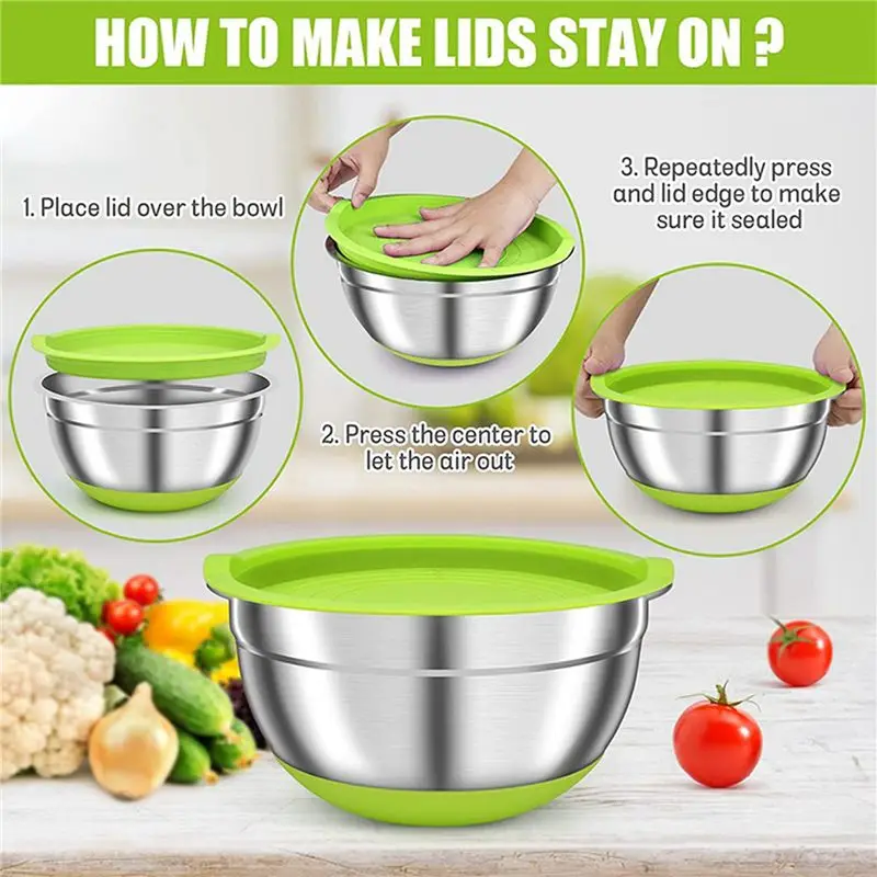 ABUL-6 Pack Mixing Bowls With Airtight Lids, Colorful Stainless Steel Metal Nesting Bowls For Kitchen, Non-Slip Silicone