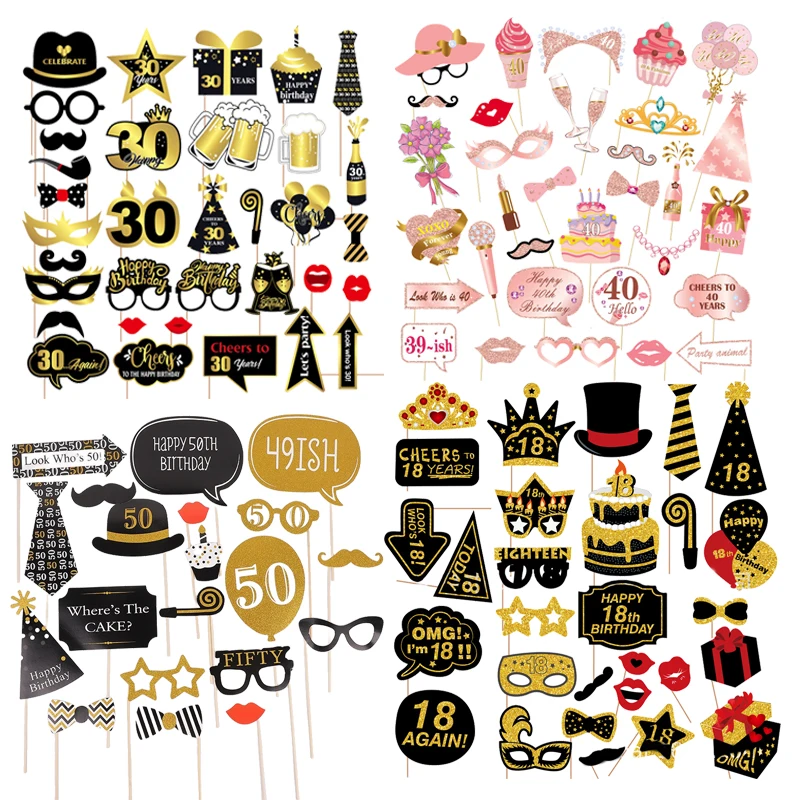 1 Set 18 30 40 50 60th Birthday Photo Props Adult Happy Birthday Anniversary Party Paper Handheld Photo Decorative Supplies