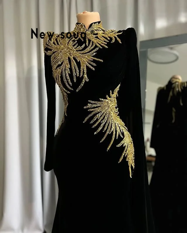 

Vintage Gold Beading Embroidery Black Evening Dresses High Neck Long Sleeve Velvet Party Dress Vestidos De Cóctel Customized