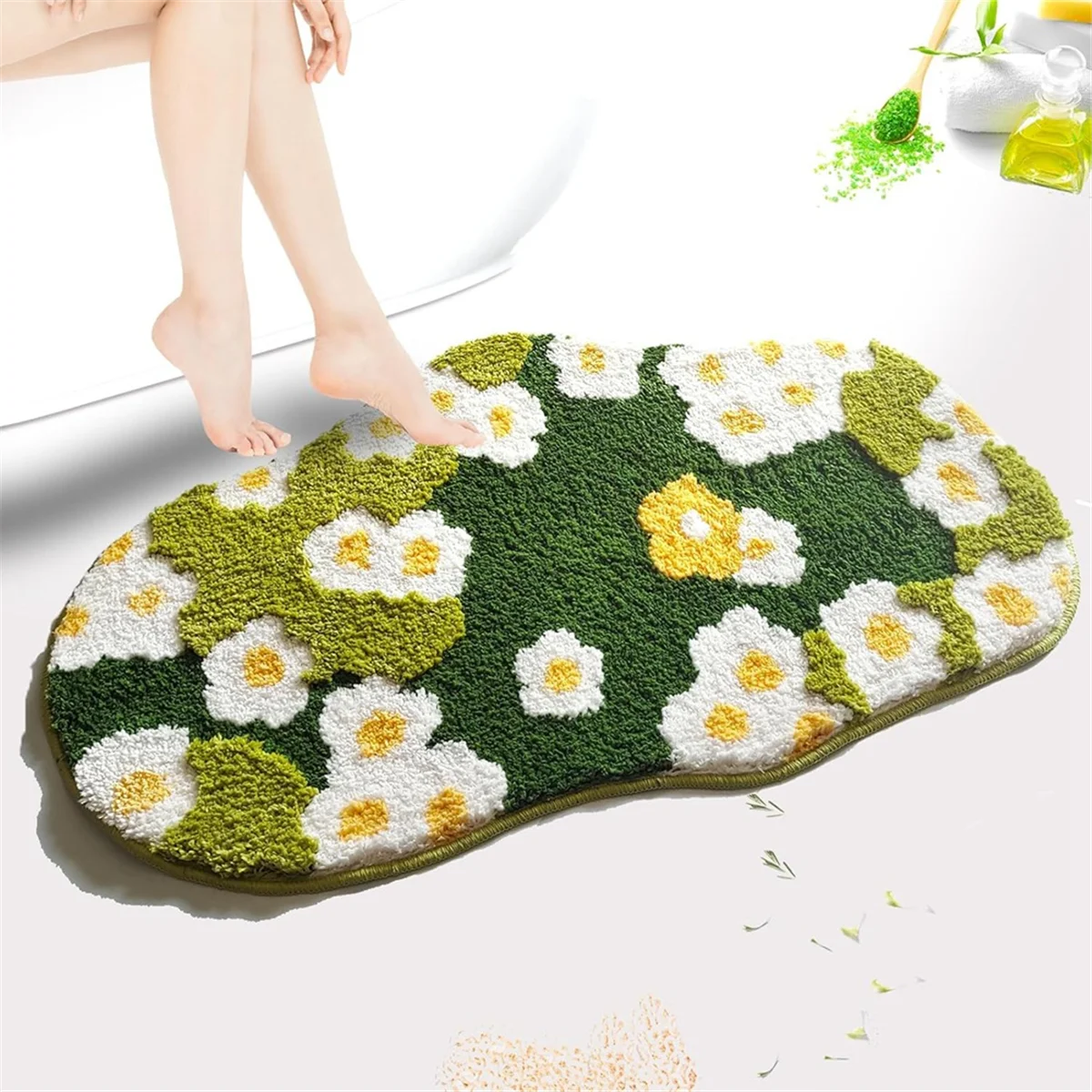 Cute Moss Floral Bathroom Rug, Plant Toilet Rug, Flower Bath Mat, Soft Absorbent Non Slip Bathroom Mat for Wash Sink