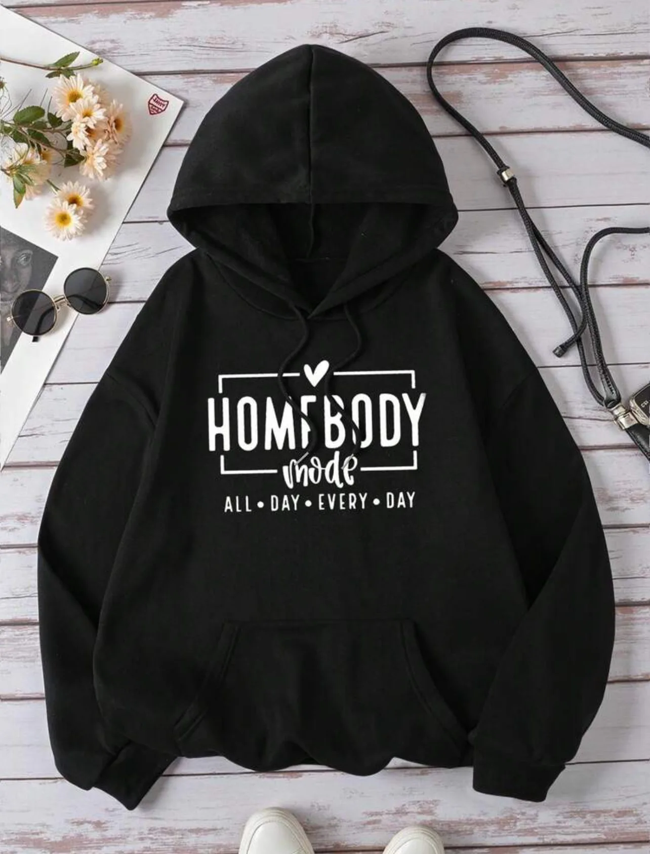 Women's long-sleeved drawstring hooded loose-fitting pullover with letter-print pattern