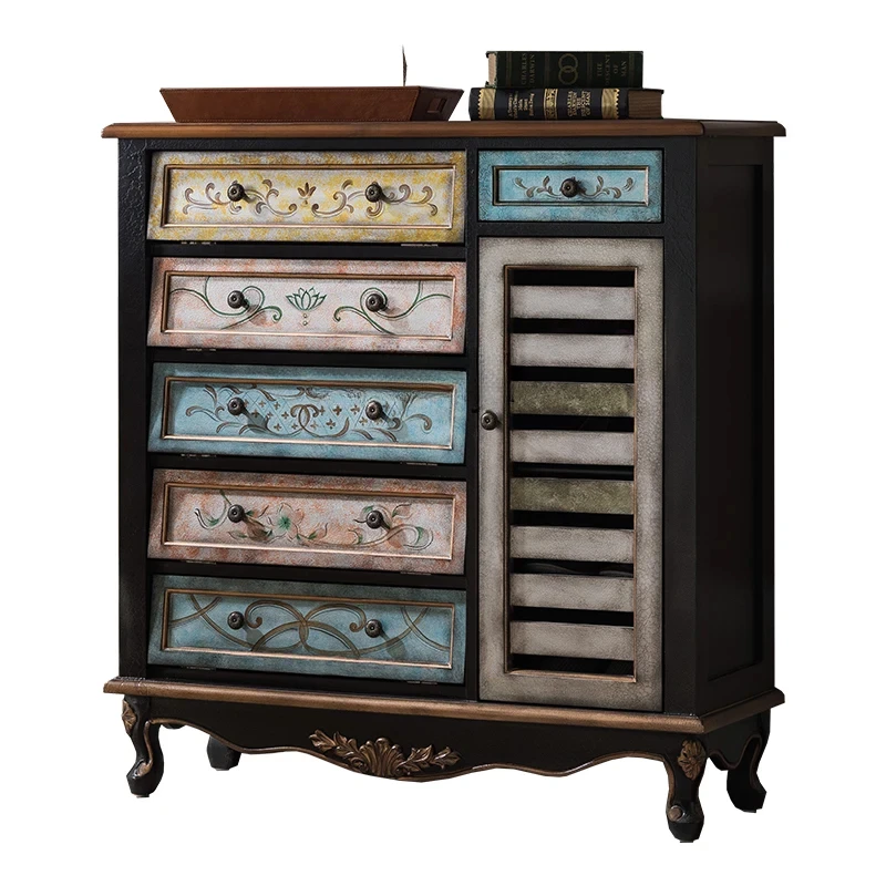 

American Country Painted Retro Solid Wood Sideboard Shoe Cabinet Hallway Curio Cabinet Multi-Functional Storage furniture