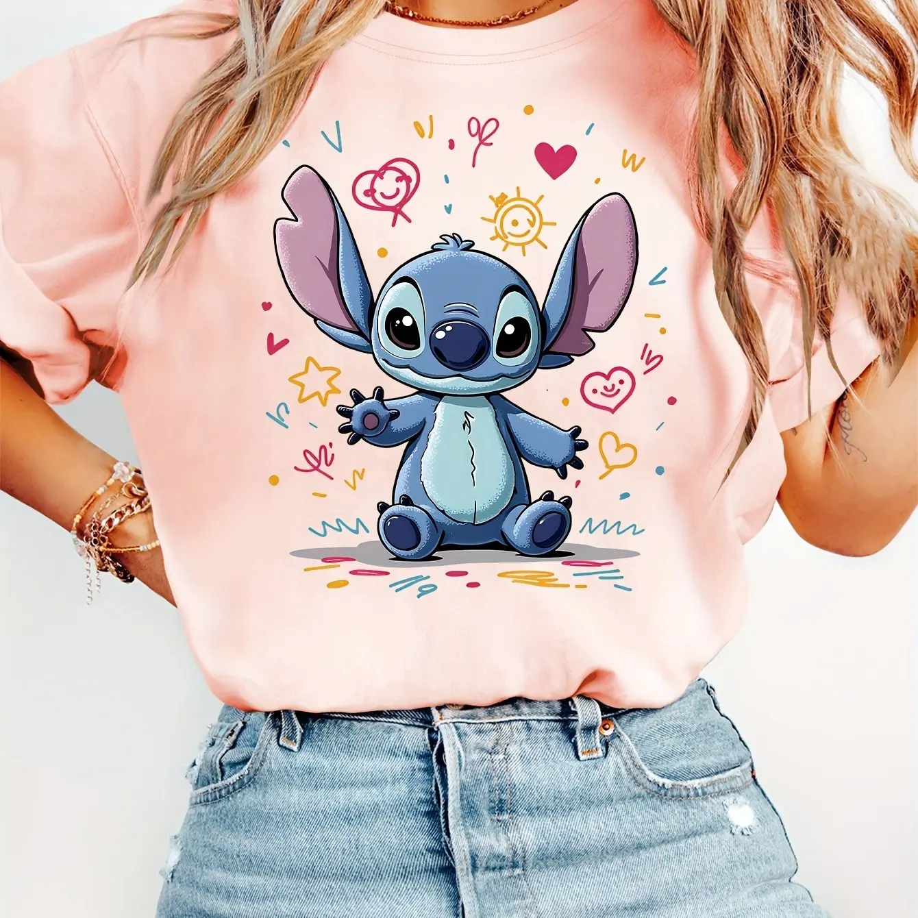 Disney Stitch Pattern T-Shirt Cotton Men's Women Streetwear Casual Trendy Oversized Loose Short Sleeve Unisex Event Outfit