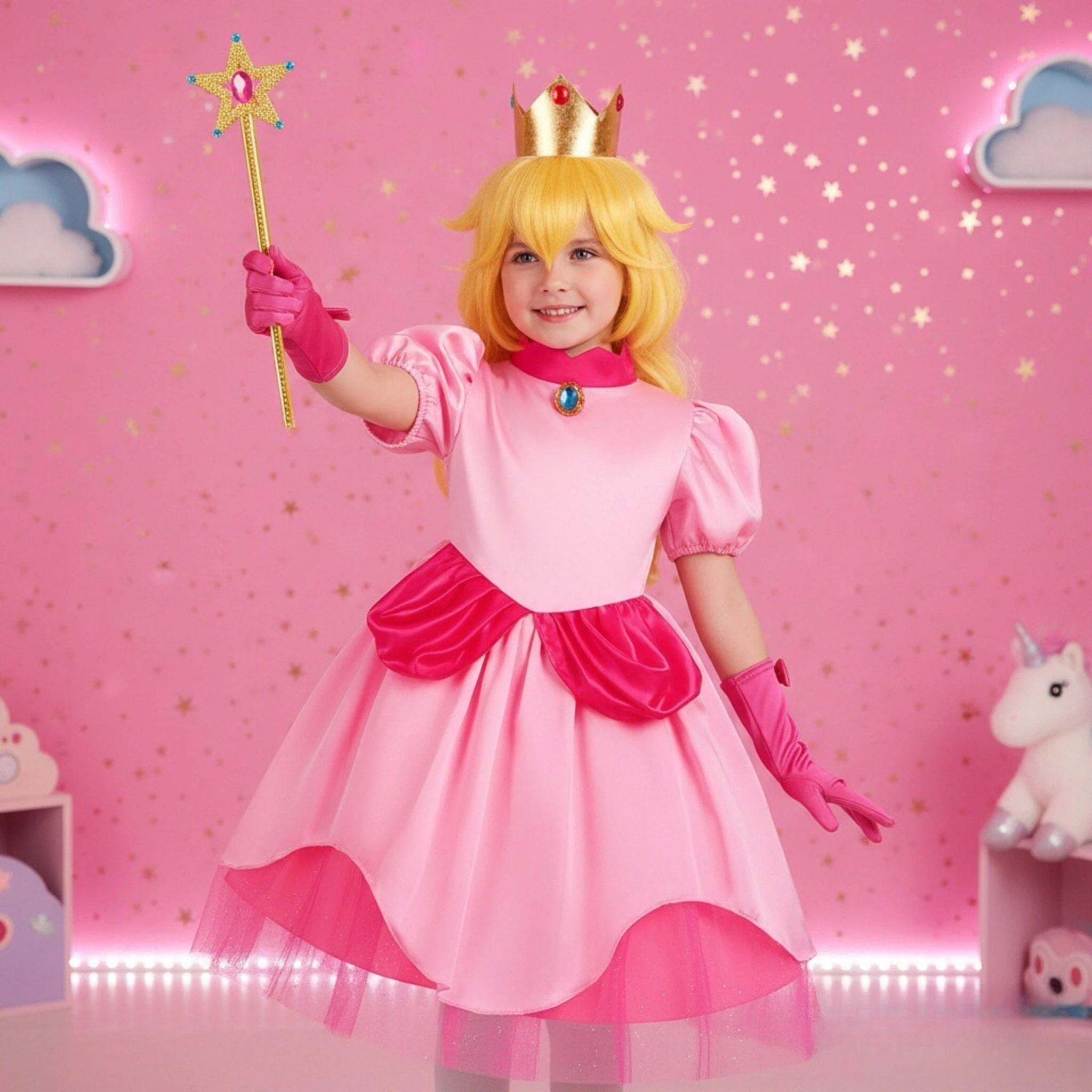 Peach Princess Dress Girl 2-10 Yrs Pink Cosplay Costume Cute Dress Up Clothes Children Birthday Theme Party Carnival Outfit
