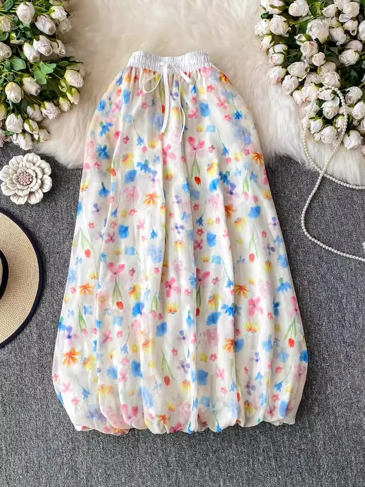 

Sweet Floral Printing Chiffon Skirts Women Summer High Waist Long Flower Bun Half Dress Women Korean Chic Loose Fairy Maxi Skirt