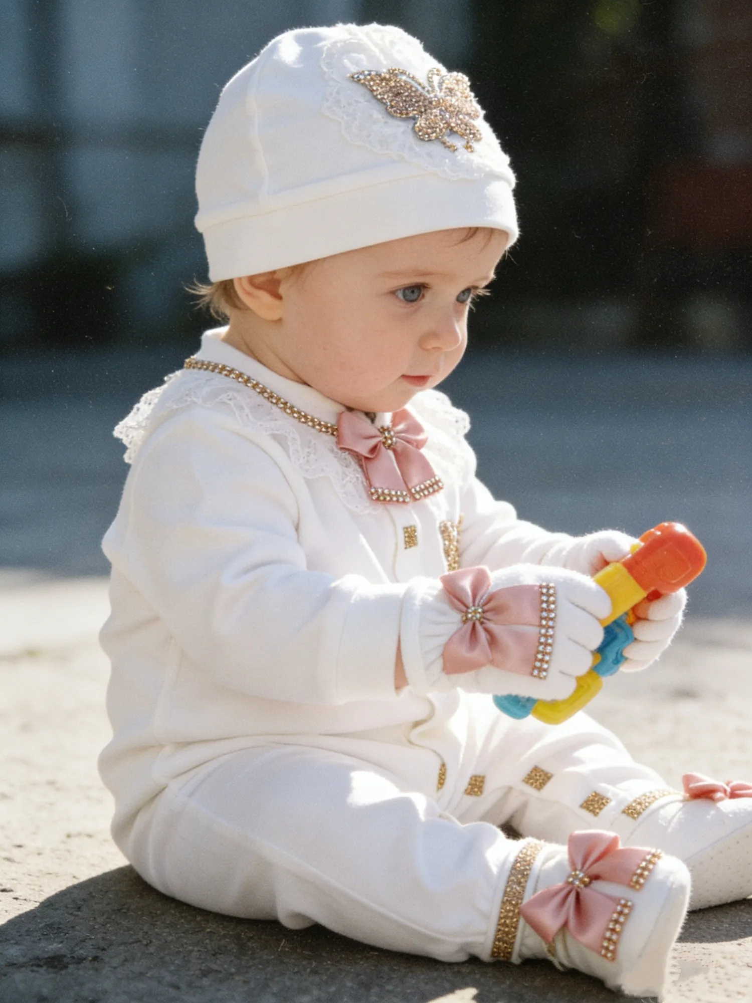 Baby Girl Pink Gold Butterfly Set - Onesie Hat Shoes with Rhinestone & Bow