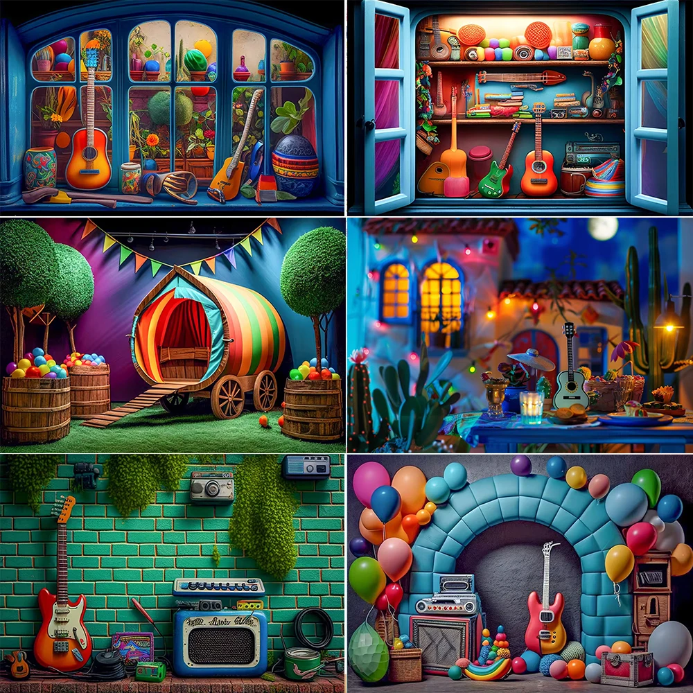 Retro Style Guitar Tent Theme Children Newborn Baby Shower Party Music Magic Forest Cabin Kids Portrait Photography Background