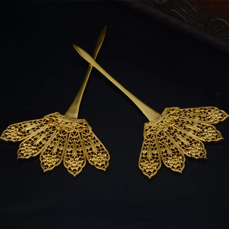 Vintage Song Dynasty Replica Gold Plated Copper Hairpin Engraved Peony Pattern Fan Shaped Chinese Style Auspicious Lucky Hair