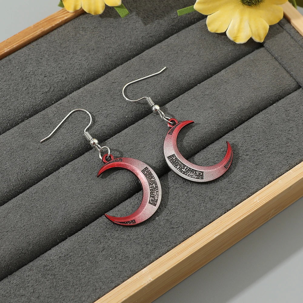 Moon Knight Crescent Dart Vintage Engraved Earrings Red Gradient Gothic Moon Accessories for Women Men Cosplay Props Gift