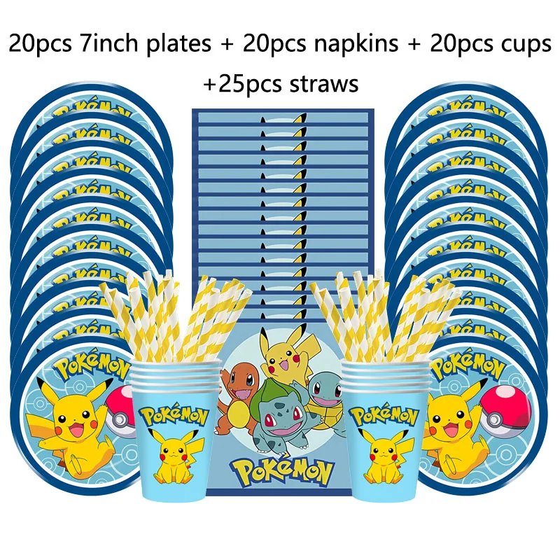 Pokemon Party Wegwerp Servies Set Bord Beker Servet Stro Tafelkleed voor Pikachu Verjaardagsfeestje Decoraties Benodigdheden