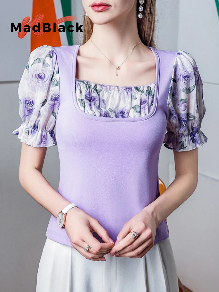 

Женская футболка MadBlack в европейском стиле, сексуальная, с квадратным вырезом и цветочным принтом, модная, с пышными рукавами, приталенная, размеры S-3XL, новинка весны 2026, T61014CC
