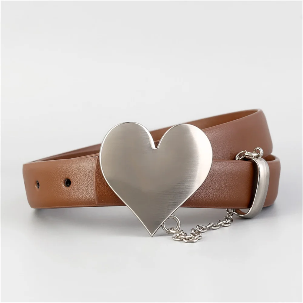 

Women's Fashion Belt Metal Love Buckle Chain Decoration Waistbellt Korean Style Genuine Leather Belt
