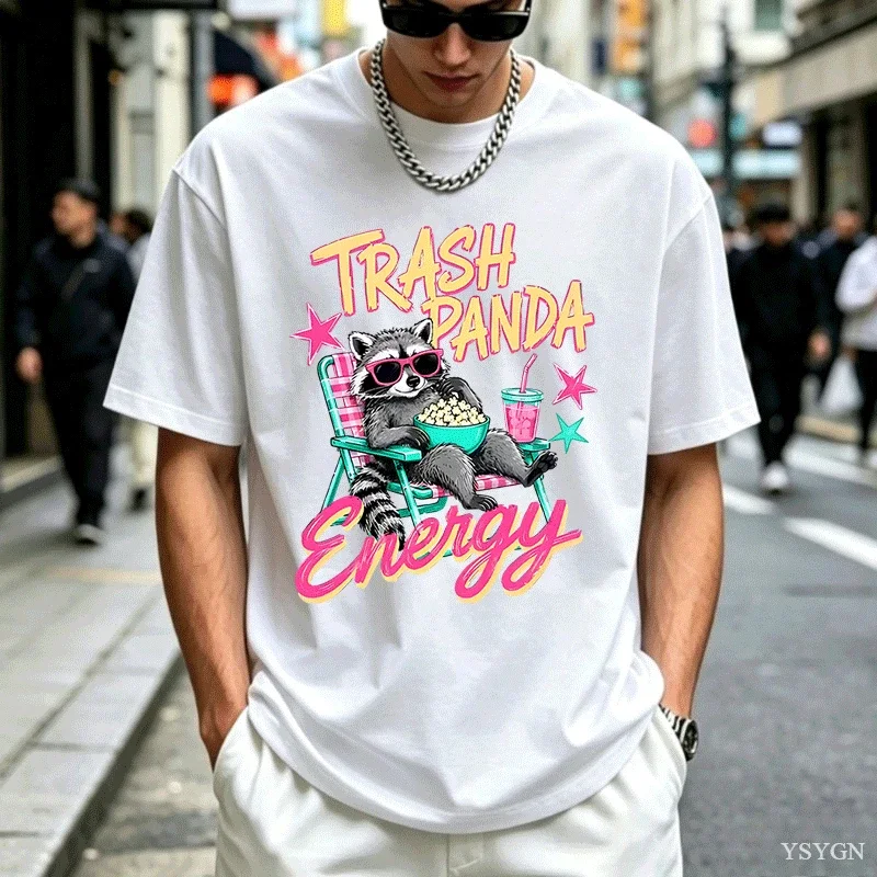 Trash Panda Energy T-shirts Raccoon Funny Animal Graphic T Shirts Casual Round Neck Printed Cotton Short Sleeve Tees Tops