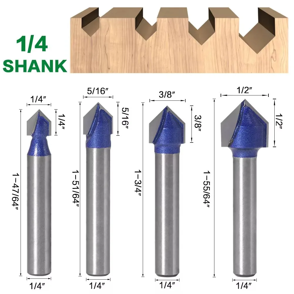 1PC 1/4 "6.35MM tige fraise 90 degrés V rainure Bit 1/4" 5/16 "3/8" 1/2 "solide routeur peu carbure fraise menuiserie